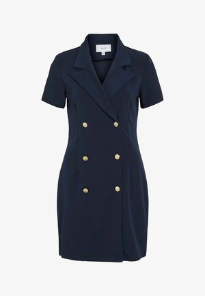Navy blue short-sleeve dress with a double-breasted design, gold buttons, and a notched collar. Smooth texture, structured fit, above-knee length.