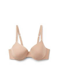Beige gevoerde bh van soepel materiaal, met beugelsupport, verstelbare bandjes en naadloos ontwerp. Gemiddelde dekking met haaksluiting op de rug.