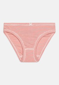 Narancs és fehér csíkos pamut bikini alsó, finom csipkés szegéllyel és egy kis díszítő masnival elöl. Puha tapintás, közepes derékra szabott fazon.
