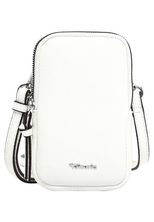 Petit sac bandoulière en cuir blanc avec fermeture éclair argentée et sangle réglable, avec un petit logo métallique de la marque à l'avant.
