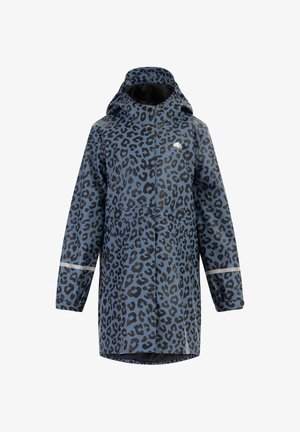 Kurtka przeciwdeszczowa w niebiesko-czarny wzór w panterę, z kapturem, długimi rękawami i odblaskowymi akcentami. Wodoodporny materiał.