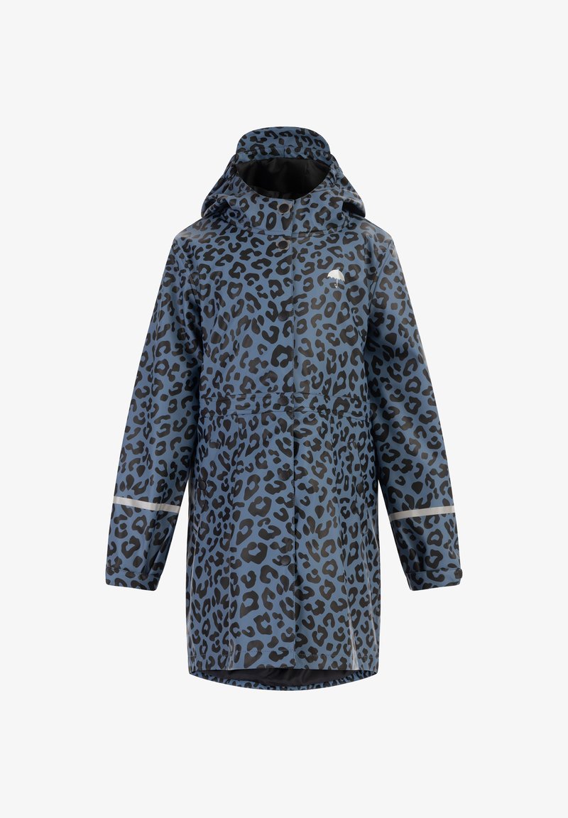 Mėlynai juodas leopardų rašto lietpaltis, turintis gobtuvą, ilgomis rankovėmis ir atspindinčiais akcentais. Vandeniui atspari medžiaga.