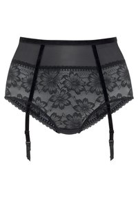 Soutien-gorge en dentelle noire taille haute avec des motifs floraux, des bords festonnés et des straps réglables pour fixation des bas.