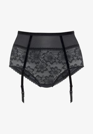 Soutien-gorge en dentelle noire taille haute avec des motifs floraux, des bords festonnés et des straps réglables pour fixation des bas.