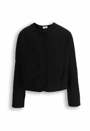 Czarna pikowana krótka kurtka z długimi rękawami, okrągłym dekoltem i zapięciem na guziki. Posiada gładką fakturę i minimalistyczny design.