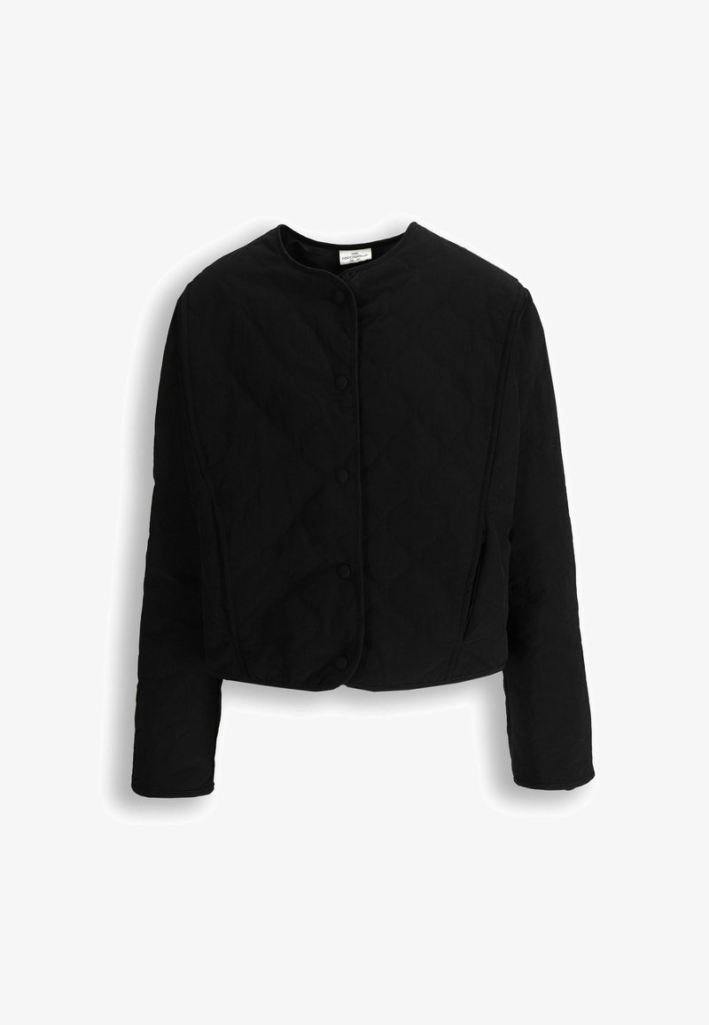 Czarna pikowana krótka kurtka z długimi rękawami, okrągłym dekoltem i zapięciem na guziki. Posiada gładką fakturę i minimalistyczny design.