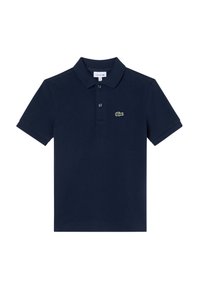 T-paita tummansinisestä puuvillasta, jossa on klassinen kaulus, kaksinappinen mittaus ja pieni vihreä krokotiililogo rinnassa.