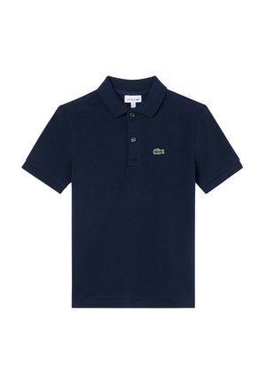 Marinblå polo skjorta i bomull med klassisk krage, tvåknappsslutning och en liten grön krokodil-logotyp på bröstet.