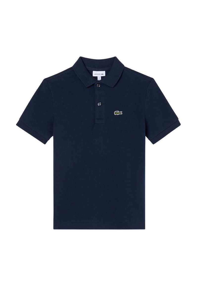 T-paita tummansinisestä puuvillasta, jossa on klassinen kaulus, kaksinappinen mittaus ja pieni vihreä krokotiililogo rinnassa.