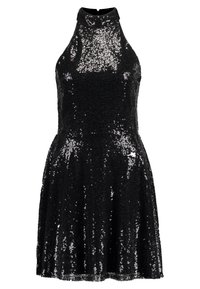 Svart ärmlös halterklänning täckt av glimrande paljetter med en figurnära midja och utsvängd kjol.