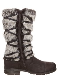Bottine marron avec une tige en fourrure texturée et des accents gris, des sangles noires et une fermeture éclair sur le côté. Semelle en caoutchouc robuste pour une bonne traction.