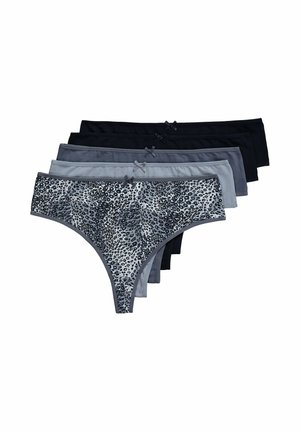 Zes paar vrouwen slipjes in de vorm van een thong, met een luipaardprint in grijs en zwart, vergezeld van bijpassende effen kleuren en kleine strikjes op de taillebands.