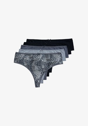Zes paar vrouwen slipjes in de vorm van een thong, met een luipaardprint in grijs en zwart, vergezeld van bijpassende effen kleuren en kleine strikjes op de taillebands.