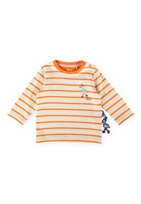 Langärmliges gestreiftes Hemd in Creme und Orange, mit blauer Flamingo-Stickerei und Seitenschild, aus weichem Baumwollmaterial.