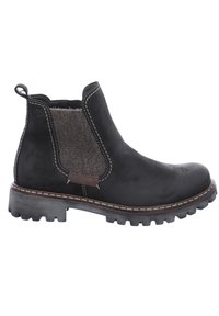 Botín negro de cuero con panel lateral de tela gris, suela de goma texturizada y costuras en contraste. Presenta una lengüeta para ponérselo fácilmente.
