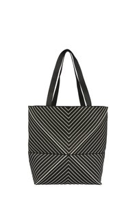 Borsa a tracolla bianca e nera con motivo a zigzag, realizzata in tessuto resistente, con due manici neri robusti e una forma strutturata.