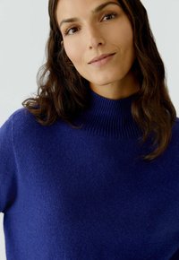 Gebreide trui in levendig blauw, met een geribbelde hoge halslijn en een zachte textuur, die een ontspannen fit benadrukt. Geen zichtbare patronen of accenten.