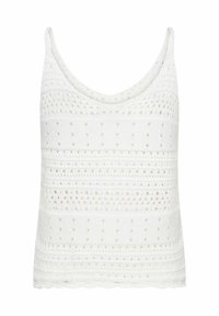 Biała bezrękawnik z dekoracyjnym wzorem z oczek, teksturowana tkanina, falbaniasty dół i okrągły dekolt.