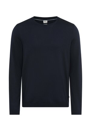 Marineblå langærmet crewneck-sweater med ribstrikkede manchetter og kant, ensfarvet design og lille mærkeindlæg indvendigt i kraven.