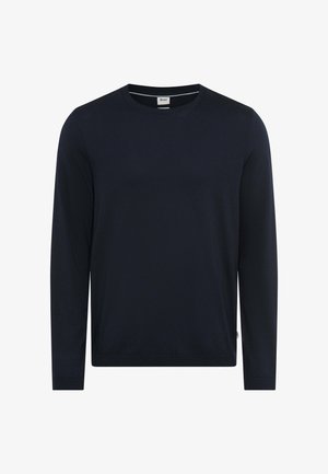 Marineblå langærmet crewneck-sweater med ribstrikkede manchetter og kant, ensfarvet design og lille mærkeindlæg indvendigt i kraven.