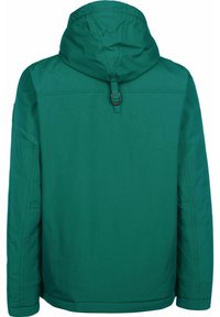 Grøn jakke med hætte, lavet af glat stof. Har en snor ved halsen og minimale syningsdetaljer. Bagfra viser den et enkelt design.
