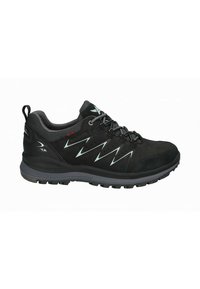 Schwarze Wanderschuhe mit einem strukturierten Textilobermaterial, grauer Gummisohle, reflektierenden Akzenten und Zickzackmuster an den Seiten. Entwickelt für den Einsatz im Freien.