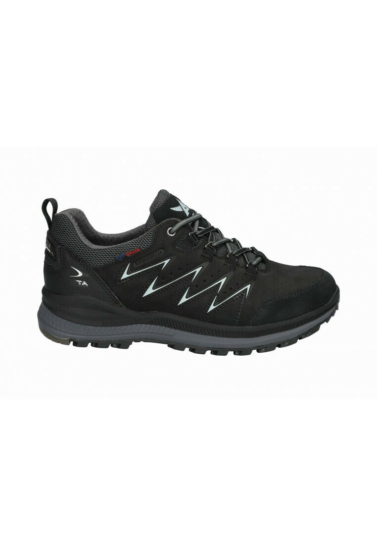 Schwarze Wanderschuhe mit einem strukturierten Textilobermaterial, grauer Gummisohle, reflektierenden Akzenten und Zickzackmuster an den Seiten. Entwickelt für den Einsatz im Freien.