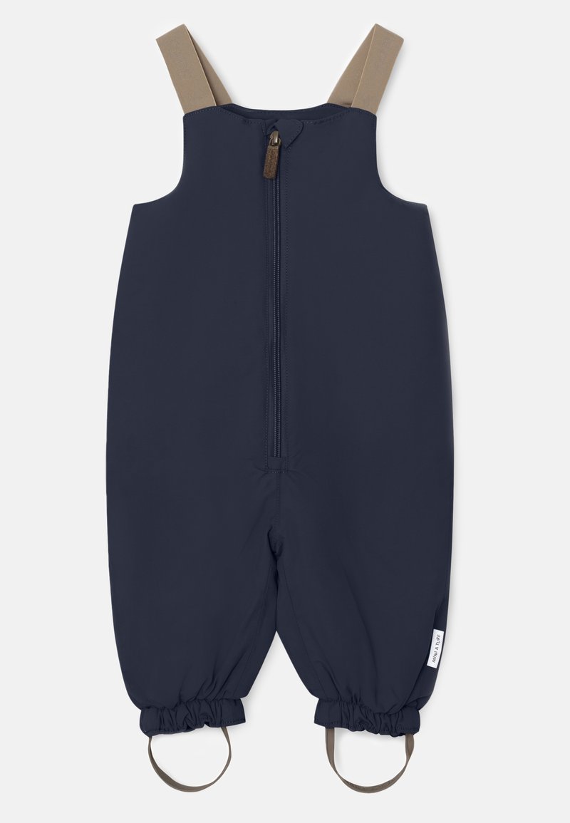 Marine vanntett overall med brune justerbare stropper, frontlås med glidelås, elastiske ermer og løkker for feste av fottøy.