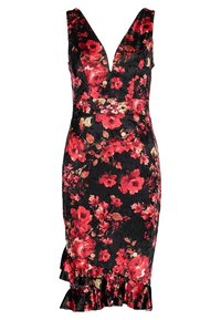 Schwarzes ärmelloses Kleid mit tiefem V-Ausschnitt, rotem Blumenmuster, taillierter Taille und rüschigem Saum.