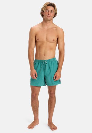 Türkise Badehose aus leichtem Material, mit einem elastischen Bund und Kordelzug sowie seitlichen Taschen. Minimale Markenkennzeichnung sichtbar.