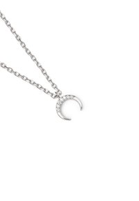 Collana in tono argento con pendente a forma di luna crescente adornato con pietre trasparenti, collegata da una delicata catena con anelli ovali.