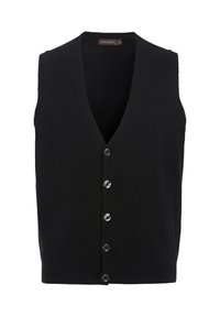 Zwarte mouwloze vest met een V-hals ontwerp, gemaakt van zachte stof. Voorzien van vijf transparante knopen aan de voorkant, met een stevige textuur.
