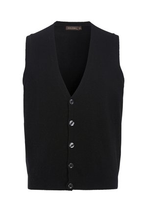 Black sleeveless vest with a V-neck design, made of soft fabric. Features five clear buttons down the front, with a solid texture.