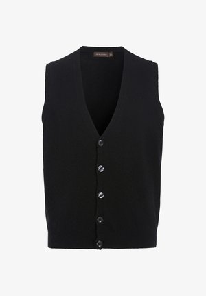 Sort ærmeløs vest med V-halsdesign, lavet af blødt stof. Har fem klare knapper ned foran, med en solid tekstur.