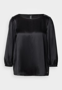 Zwarte satijnen blouse met vierkante halslijn, lange pofmouwen met elastische manchetten en een rechte zoom. Gladde textuur met een chique, minimalistisch ontwerp.