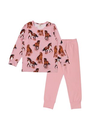 Pinkfarbenes langärmliges Oberteil mit Pferdelaufprint, kombiniert mit einfarbigen pinkfarbenen Hosen mit elastischem Bund, Kinder-Pyjama-Set.