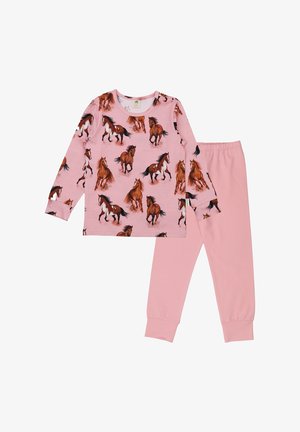 Pink long-sleeve top with running horse print paired with solid pink elastic-waist pants children's pajama set.