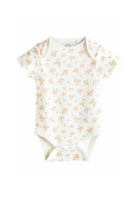 Kurzärmliger Babybody in Creme mit floralem Muster in Orange- und Rosatönen. Strukturierter Rippstoff mit Druckknopfverschluss am Boden.