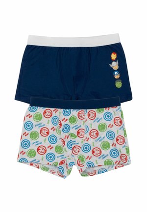 Two pairs of boys' boxer briefs: one navy with small Avengers faces, one white with multicolored Avengers logos and names pattern.