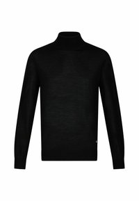 Maglione nero a collo alto realizzato in morbido misto lana, con maniche lunghe, silhouette aderente e polsini a costine, con un piccolo etichetta logo all'orlo.
