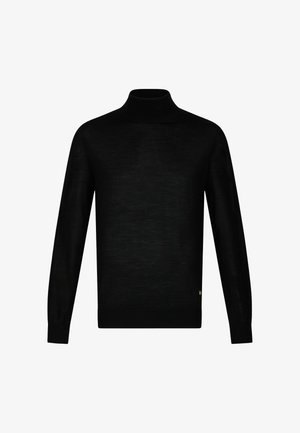 Schwarzer Rollkragenpullover aus weichem Wollmix, mit langen Ärmeln, enger Passform und gerippten Bündchen, sowie einem kleinen Logostich am Saum.