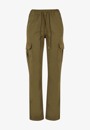 Olive zelene cargo hlače iz mehkega bombaža, z elastičnim pasom in vrvico, stranskimi žepi in ravnim krojem.