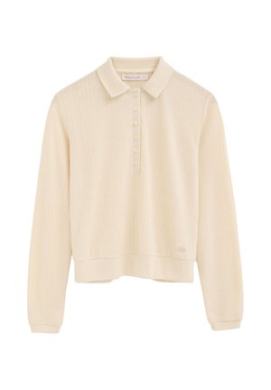 Kremowa, długorękawowa koszulka polo z prążkowanego materiału, z sześcioma guzikami i kołnierzykiem, oznaczona napisem "Polo Club", z prostym dołem i dopasowanymi mankietami.