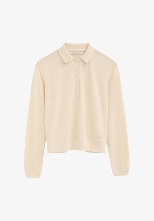 Cremefarbener, langärmliger, gerippter Poloshirt mit sechs Knöpfen und Kragen, mit dem Aufdruck "Polo Club", mit geradem Saum und engen Bündchen.