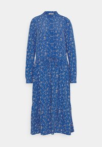 Blå blommig klänning med långa ärmar, krage, dragsko i midjan och utsvängd, flerlagers kjol. Tillverkad av lätt, texturerad tyg.