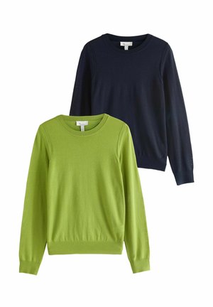 Two crewneck sweaters: one in lime green and one in navy blue. Both made of smooth fabric with ribbed cuffs and hems, featuring seamless shoulders.
