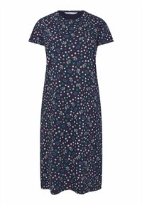 Marinblå klänning med blommönster i rosa, grönt och vitt, tillverkad av mjukt tyg. Den har korta ärmar och en lös passform.