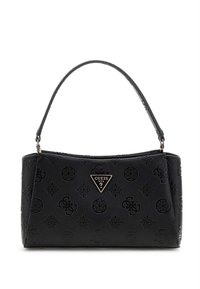 Borsa a tracolla in ecopelle nera con logo in rilievo, placca triangolare con marchio e sottile tracolla. Forma rettangolare, texture liscia.