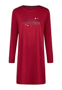 Rode lange mouwen nachthemd met de tekst "Happy Holidays" in blauw en wit, met sneeuwvlokaccenten. Zachte stof en een ontspannen pasvorm.