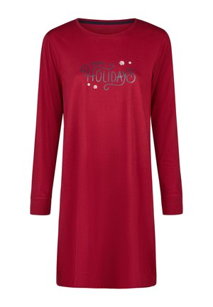 Rode lange mouwen nachthemd met de tekst "Happy Holidays" in blauw en wit, met sneeuwvlokaccenten. Zachte stof en een ontspannen pasvorm.